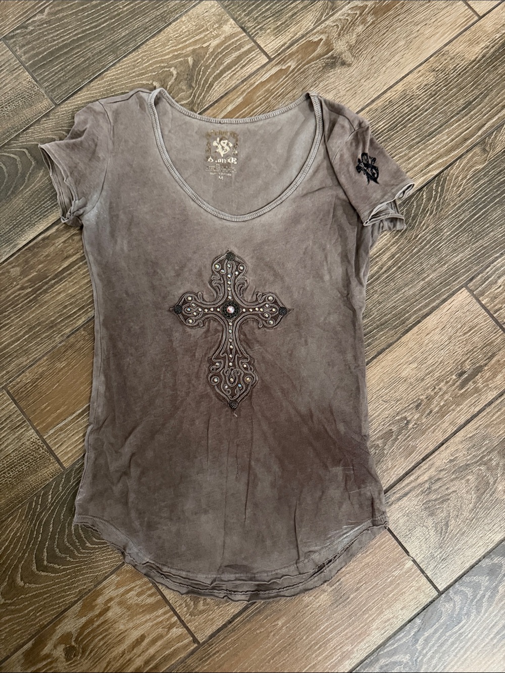 Embellished Cross Short Sleeve Tee - Brown by Velvet Stone